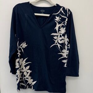 Talbots Navy and White Floral Long Sleeve Top